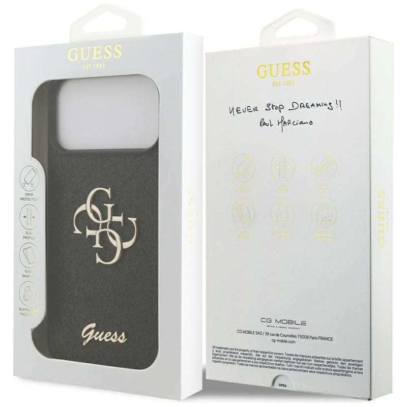 Guess Dėklas su fiksuotu blizgesiu Big 4G, skirtas iPhone 17 Pro Max (juodas)