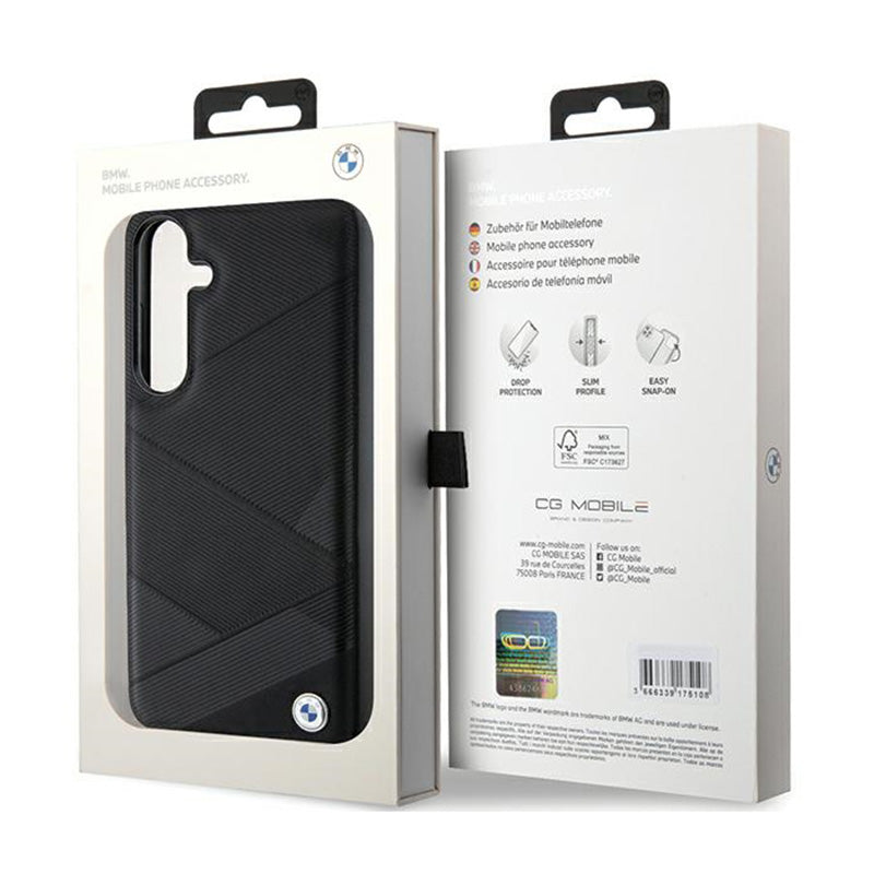 BMW Signature Leather Crossing Lines Pattern – dėklas, skirtas „Samsung Galaxy S24“ (juodas)
