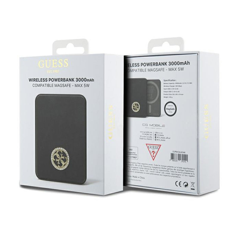 Guess 4G Strassed Metal Logo MagSafe – indukcinis 3000 mAh 5W MagSafe galios bankas (juodas)