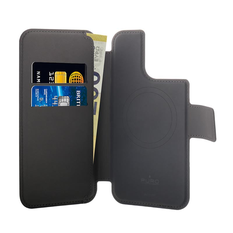 PURO Folio MagSafe dėklas – 2 viename dėklas, skirtas iPhone 14 Pro / 13 Pro (juoda)