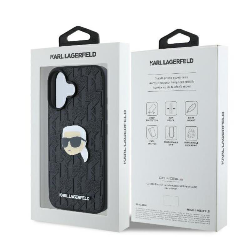 Karl Lagerfeld Monogram Karl Head Pin - dėklas, skirtas iPhone 16 (juodas)