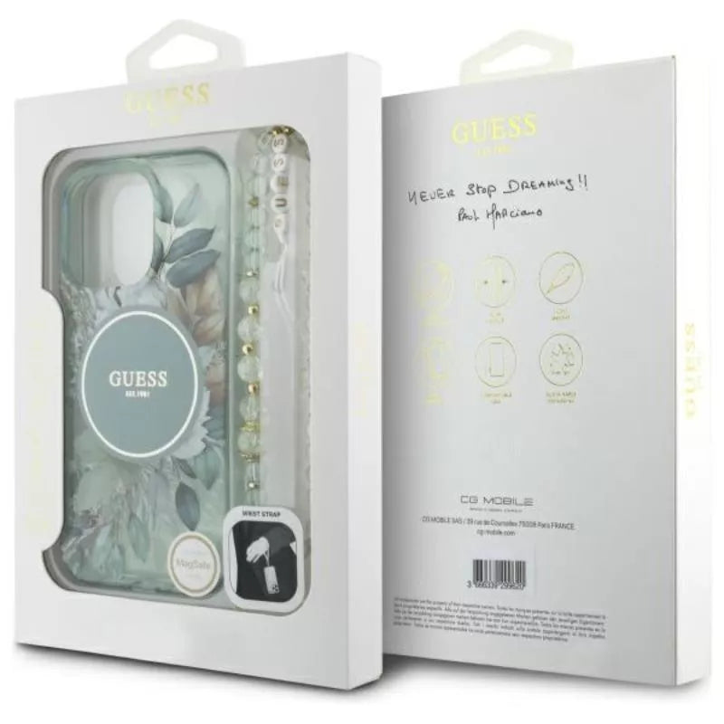 Guess IML Gėlės su perlų dirželiu MagSafe – dėklas, skirtas iPhone 16 Pro Max (Žalias)
