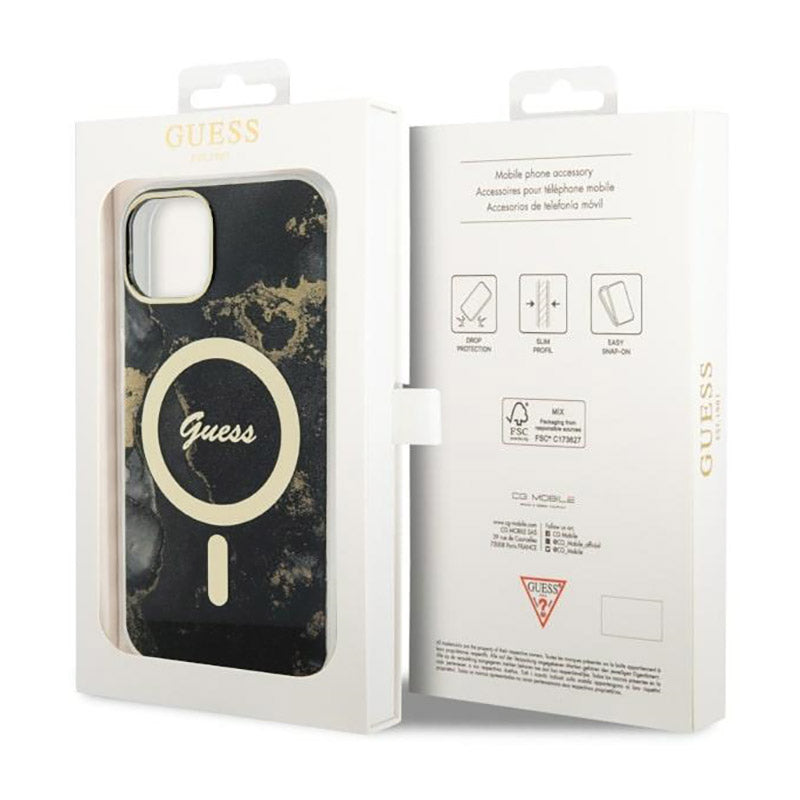 Guess Golden Marble MagSafe – dėklas, skirtas iPhone 14 (juodas)