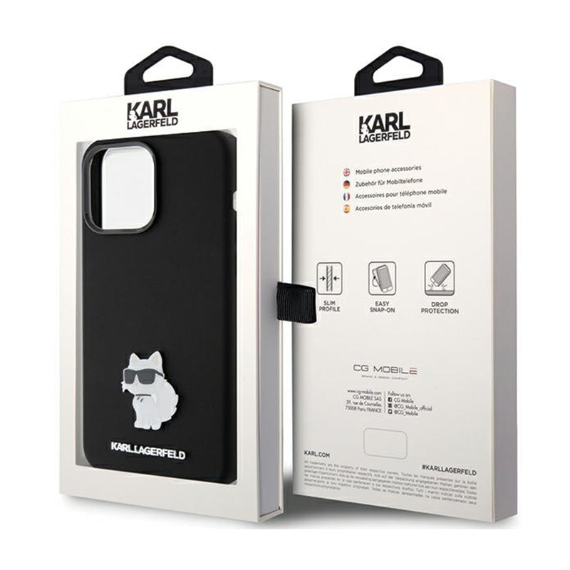 Karl Lagerfeld Silicone Choupette Metal Pin – iPhone 15 Pro Max dėklas (juodas)