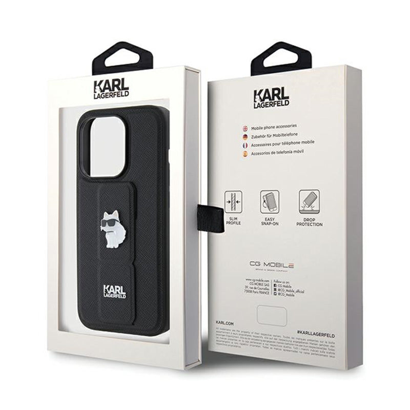 Karl Lagerfeld Gripstand Saffiano Choupette Pins – iPhone 14 Pro dėklas (juodas)