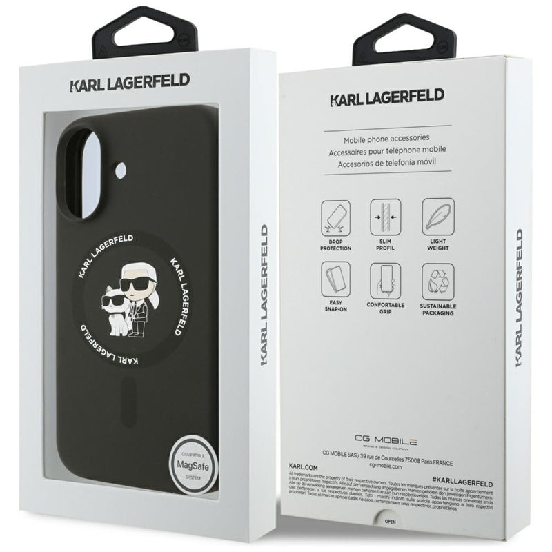 Karl Lagerfeld Silikoninis dėklas su Karl & Choupette žiedu, MagSafe, skirtas iPhone 17 (juodas)