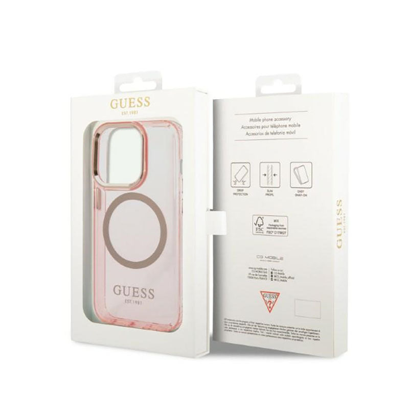 Guess Gold Outline Translucent MagSafe – Dėklas iPhone 14 Pro (rožinis)