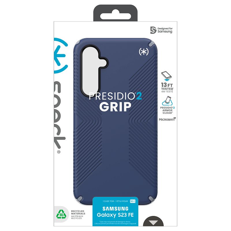Speck Presidio2 Grip – dėklas skirtas Samsung Galaxy S23 FE (pajūrio mėlyna/juoda/balta)