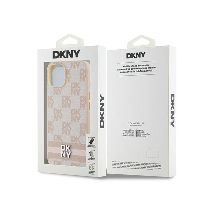 DKNY odinis languotas vienspalvis raštas ir spausdintos juostelės – dėklas, skirtas iPhone 15 / 14 / 13 (rožinis)