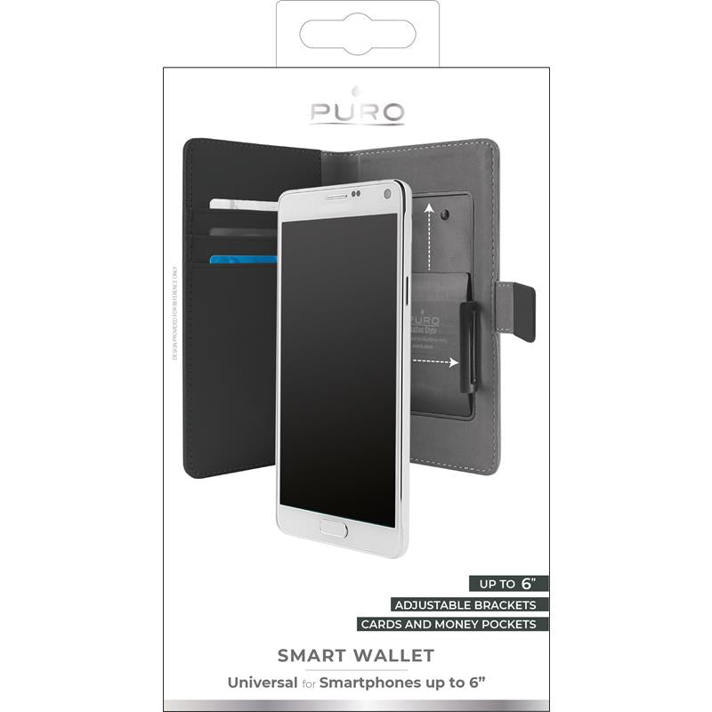PURO Smart Wallet – universalus dėklas su laikikliu nuotraukų darymui, kišenėmis kortelėms ir pinigams, dydis XXL (juoda)