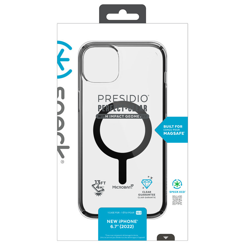 Speck Presidio Perfect-Clear su Impact Geometry + MagSafe – dėklas „iPhone 15 Plus / 14 Plus“ su MICROBAN danga (Skaidrus / Juodas)