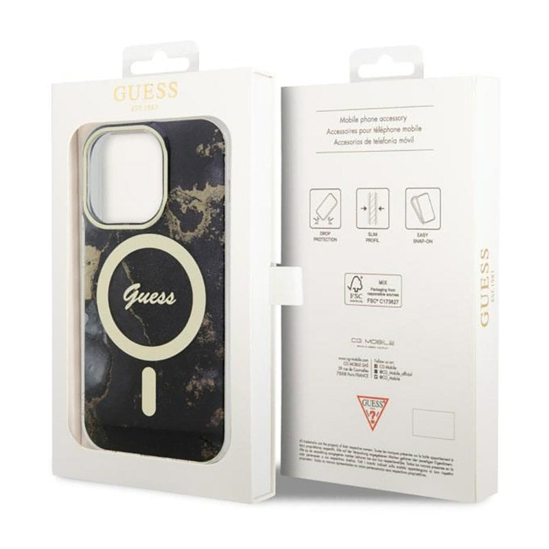 Guess Golden Marble MagSafe – dėklas, skirtas iPhone 14 Pro (juodas)