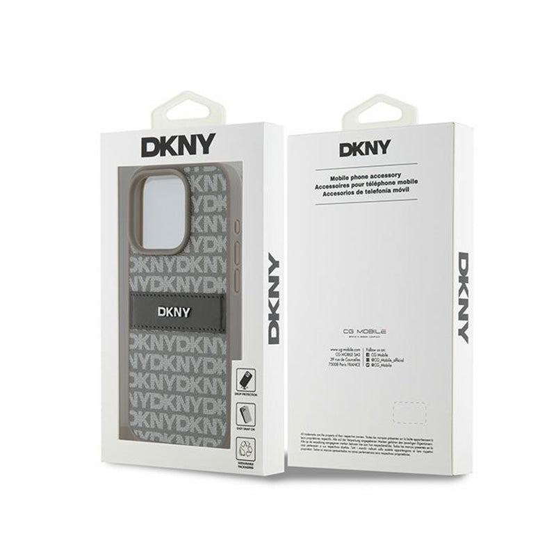 DKNY Dėklas iPhone 15 Pro, odinis, su mono juosta ir metaliniu logotipu (smėlio spalvos)