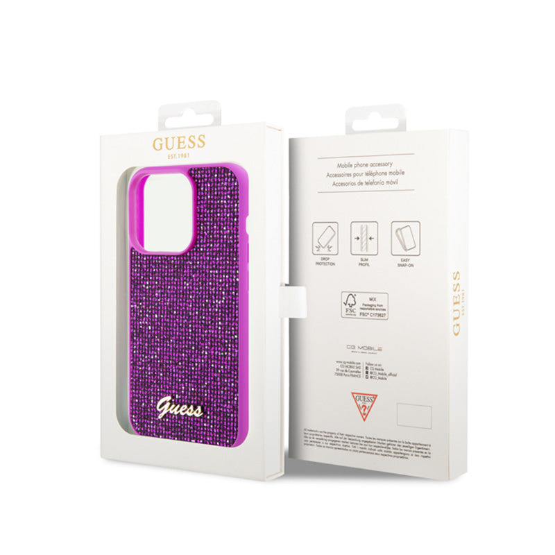 Guess Disco Metal Script - dėklas iPhone 15 Pro (fuksija)
