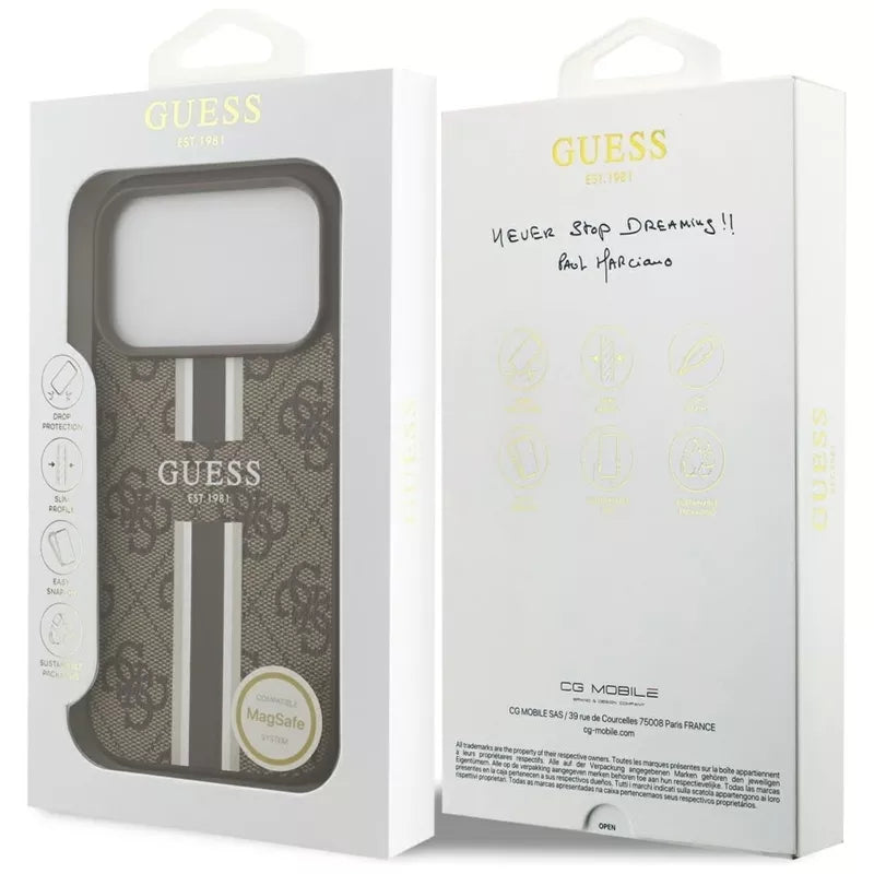 Guess 4G Spausdintos Juostelės MagSafe dėklas iPhone 17 Pro (rudas)