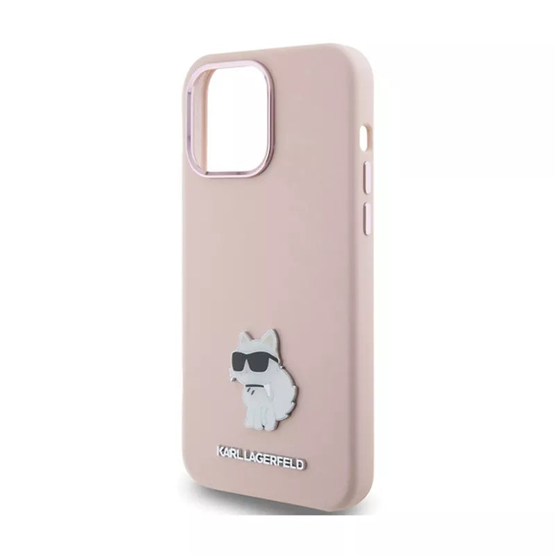 Karl Lagerfeld Silikoninis Choupette Metal Pin dėklas iPhone 15 Pro Max (rožinis)