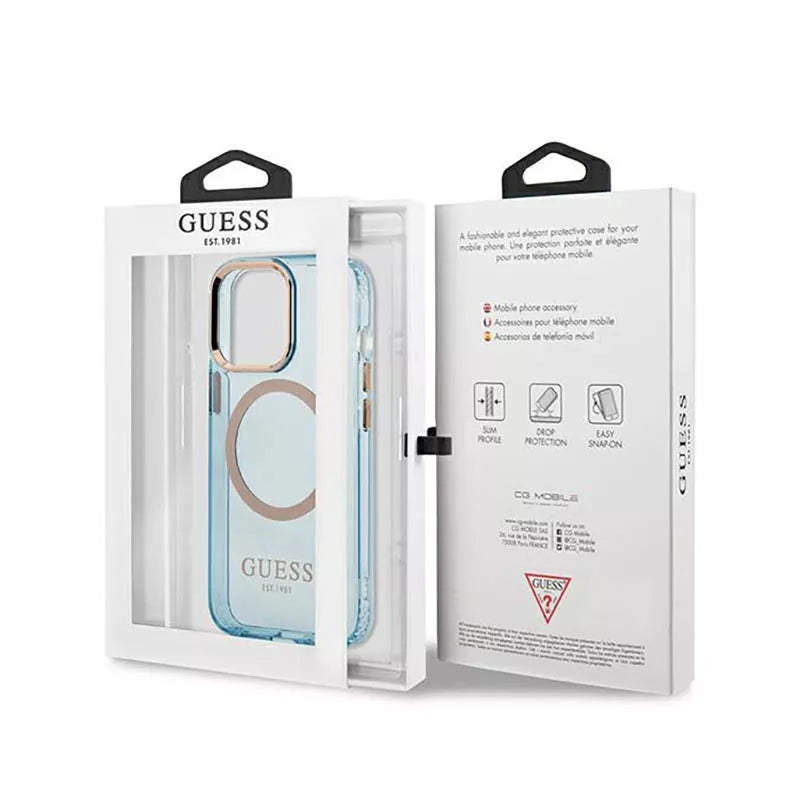 Guess Gold Outline permatomas MagSafe – dėklas skirtas iPhone 13 Pro Max (mėlynas)
