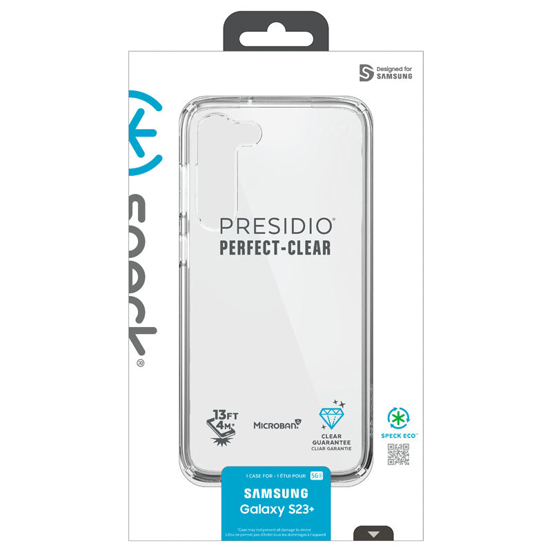 Speck Presidio Perfect-Clear – dėklas „Samsung Galaxy S23+“ su „MICROBAN“ danga (skaidrus)