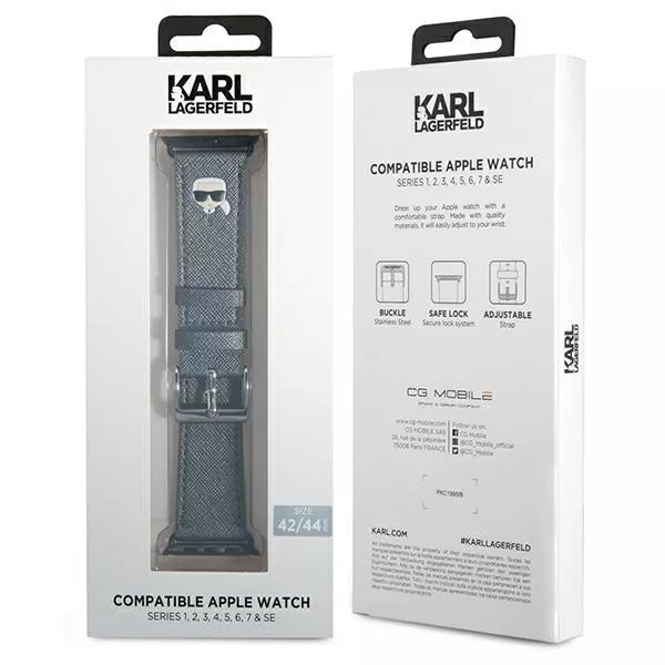 Karl Lagerfeld Saffiano Karl Head – laikrodžio dirželis, skirtas „Apple Watch“ 42/44/45 mm (sidabrinis)