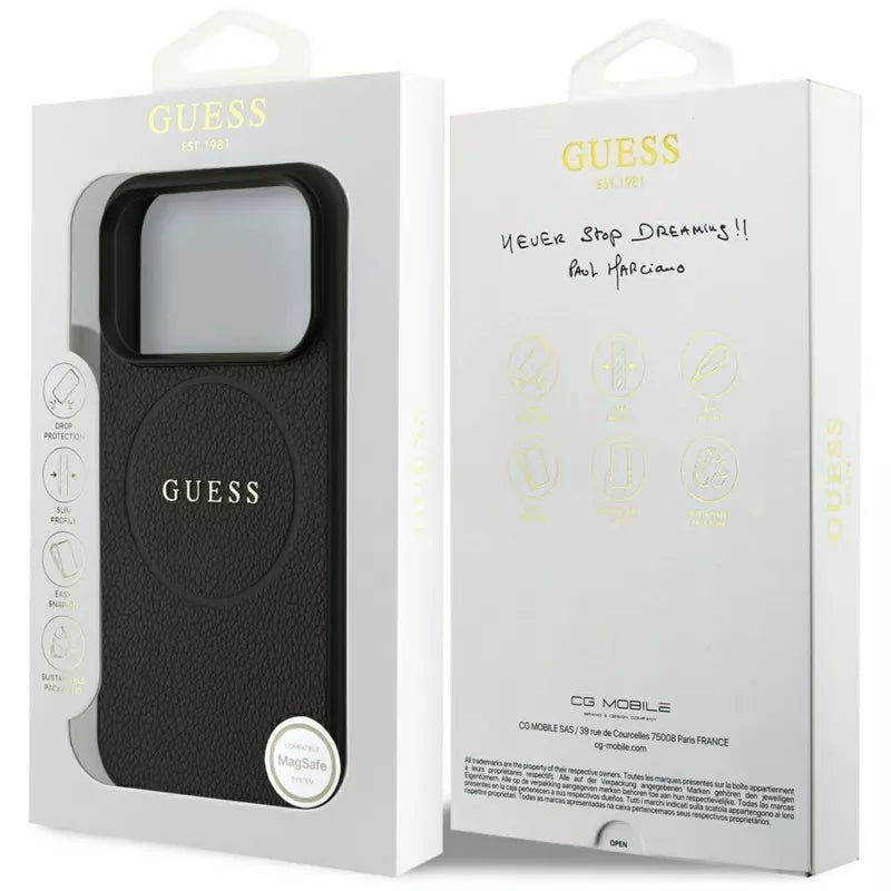 Guess Tekstūruotas žiedas MagSafe - Dėklas iPhone 17 Pro (juodas)
