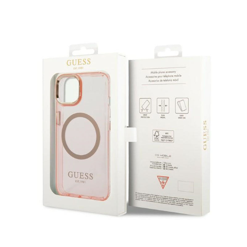 Guess Gold Outline Translucent MagSafe - dėklas, skirtas iPhone 14 Plus (rožinis)