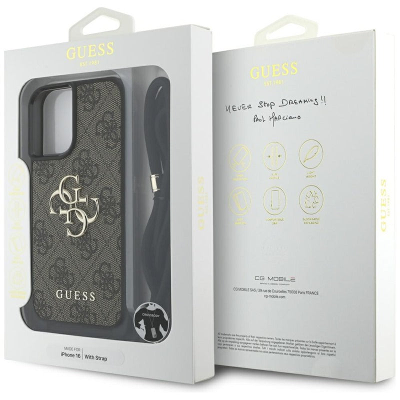 Guess 4G Big Logo Cord Strap Crossbody – dėklas skirtas iPhone 16 (rudas)