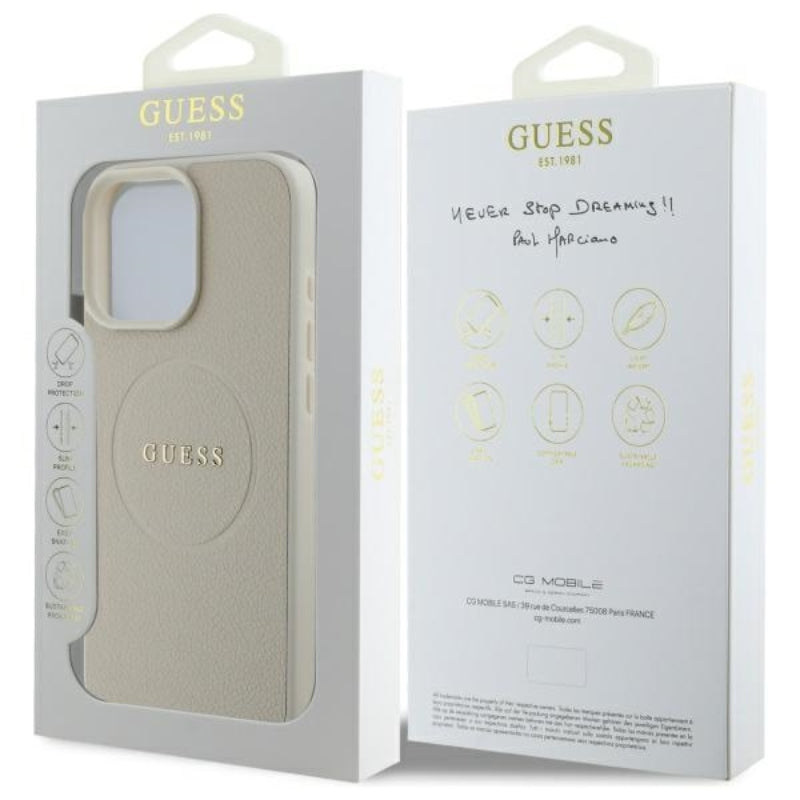 Guess Grained Ring MagSafe – dėklas, skirtas „iPhone 16 Pro Max“ (smėlio spalvos)