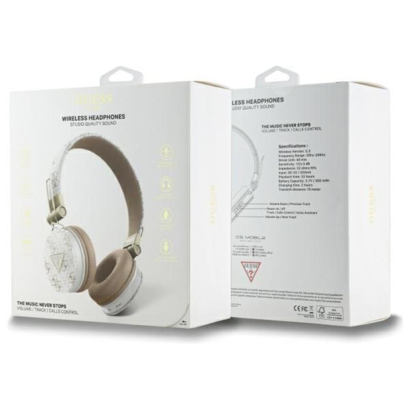 Guess 4G Triangle Round Shape - Belaidės „Over-Ear“ „Bluetooth ENC“ ausinės (baltos)