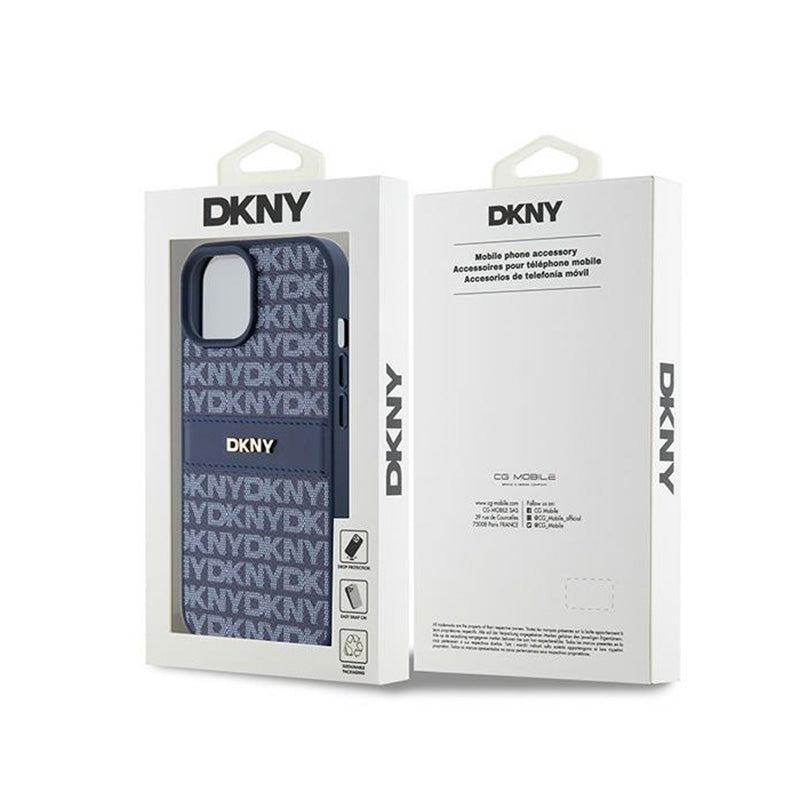 DKNY odos dėklas su vienspalve juostele ir metaliniu logotipu – skirtas iPhone 15 / 14 / 13 (mėlynas)
