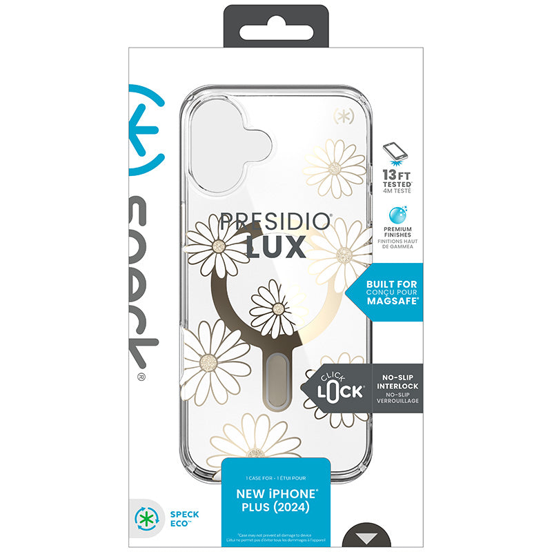 Speck Presidio Lux ClickLock & MagSafe – iPhone 16 Plus dėklas (Sunshine Daisies / Skaidrus / Auksas)