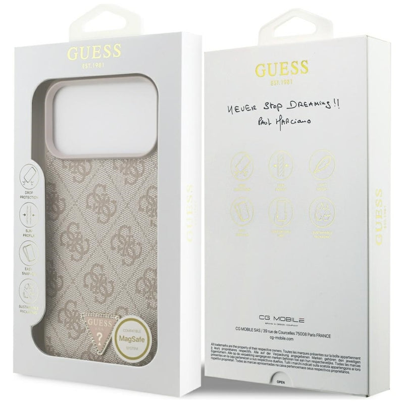 Guess Odinio 4G Triangle Strass dėklas iPhone 17 Pro Max (rožinis)
