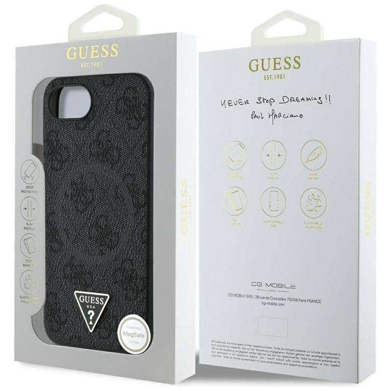Guess 4G žiedo trikampio logotipo „MagSafe“ – dėklas, skirtas „iPhone 16e“ (juodas)