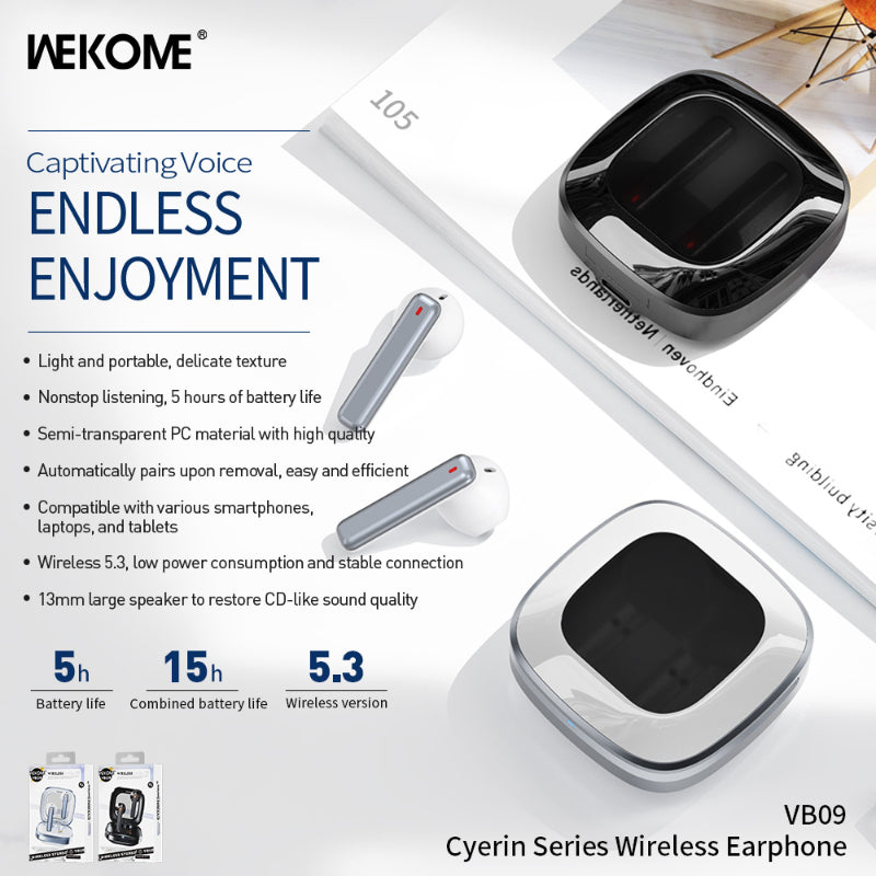 WEKOME VB09 Cyerin Series – belaidės „Bluetooth“ ausinės V5.3 TWS su įkrovimo dėklu (baltos)