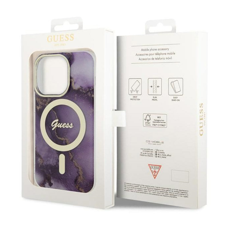 Guess Golden Marble MagSafe – dėklas, skirtas iPhone 14 Pro (Violetinė)