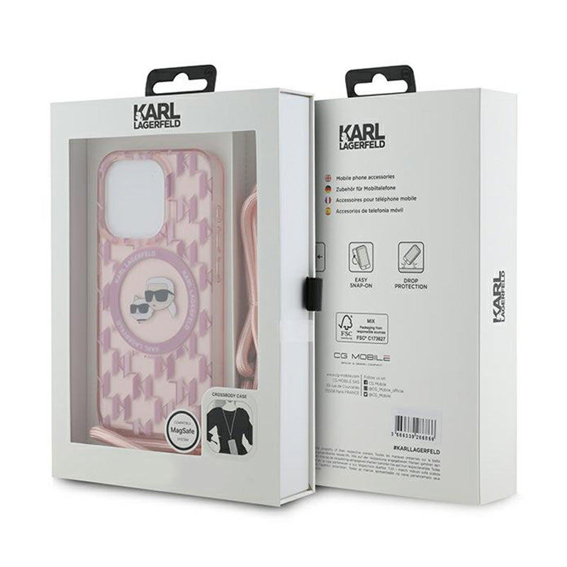 Karl Lagerfeld IML Crossbody Monogram Karl & Choupette Head MagSafe – dėklas, skirtas „iPhone 15 Pro“ (rožinis)
