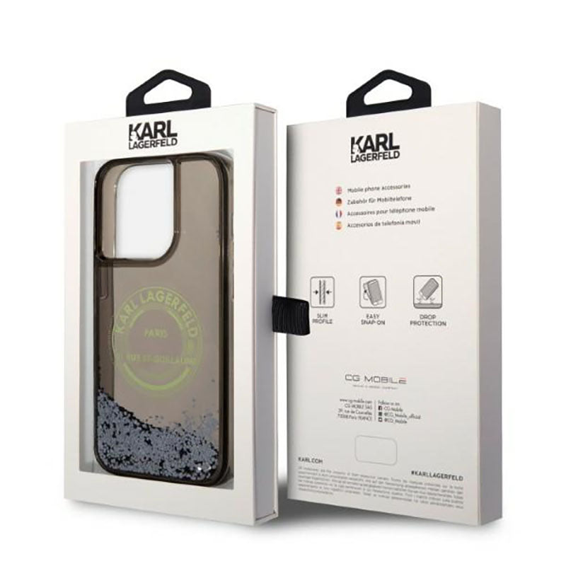 Karl Lagerfeld Liquid Glitter Round RSG Logo dėklas – dėklas, skirtas iPhone 14 Pro (juodas)