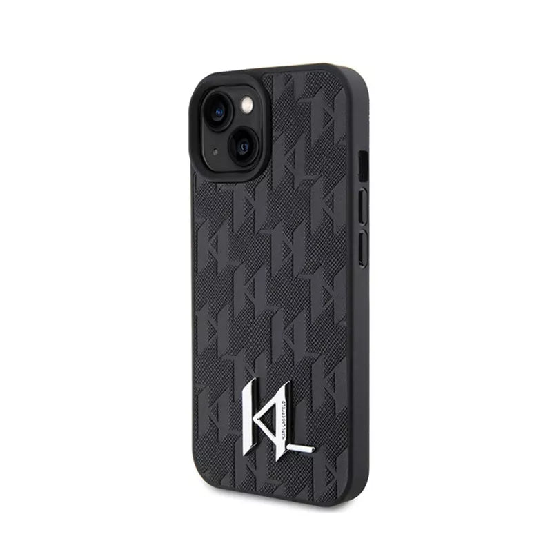 Karl Lagerfeld Odinė Monograma, Karštu Būdu Įspaustas Metalo Logotipas - Dėklas iPhone 15 (juodas)
