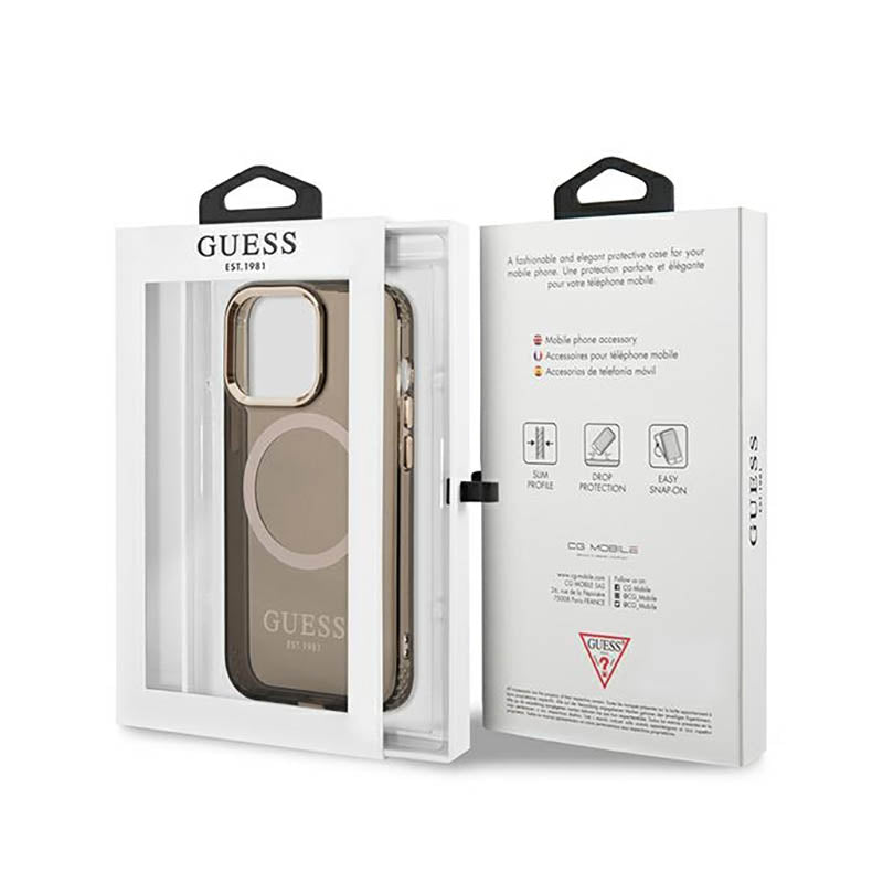 Guess Gold Outline Translucent MagSafe - iPhone 13 Pro Max dėklas (juodas)