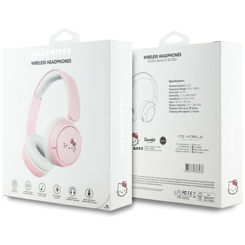 „Hello Kitty“ veido logotipas – belaidės „Over-Ear“ „Bluetooth V5.3“ ausinės (rožinės)
