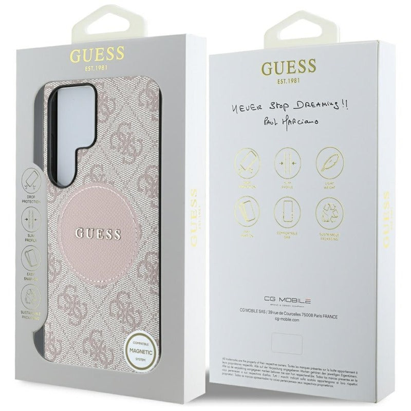 Guess 4G Round Patch Classic Logo MagSafe – Dėklas, skirtas Samsung Galaxy S25 Ultra (rožinis)