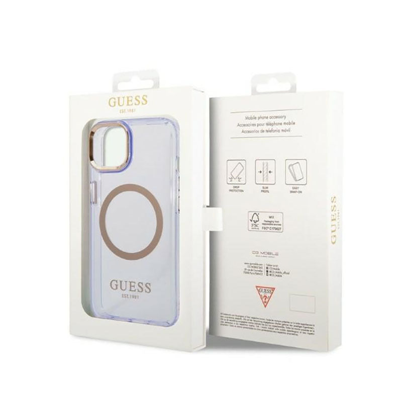 Guess Gold Outline permatomas MagSafe - „iPhone 14“ dėklas (violetinė)