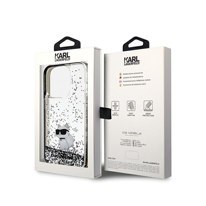 Karl Lagerfeld Liquid Glitter Choupette – dėklas, skirtas iPhone 14 Pro (skaidrus)