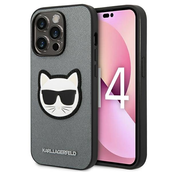 Karl Lagerfeld Saffiano Choupette Head Patch dėklas – dėklas, skirtas iPhone 14 Pro (sidabrinė)