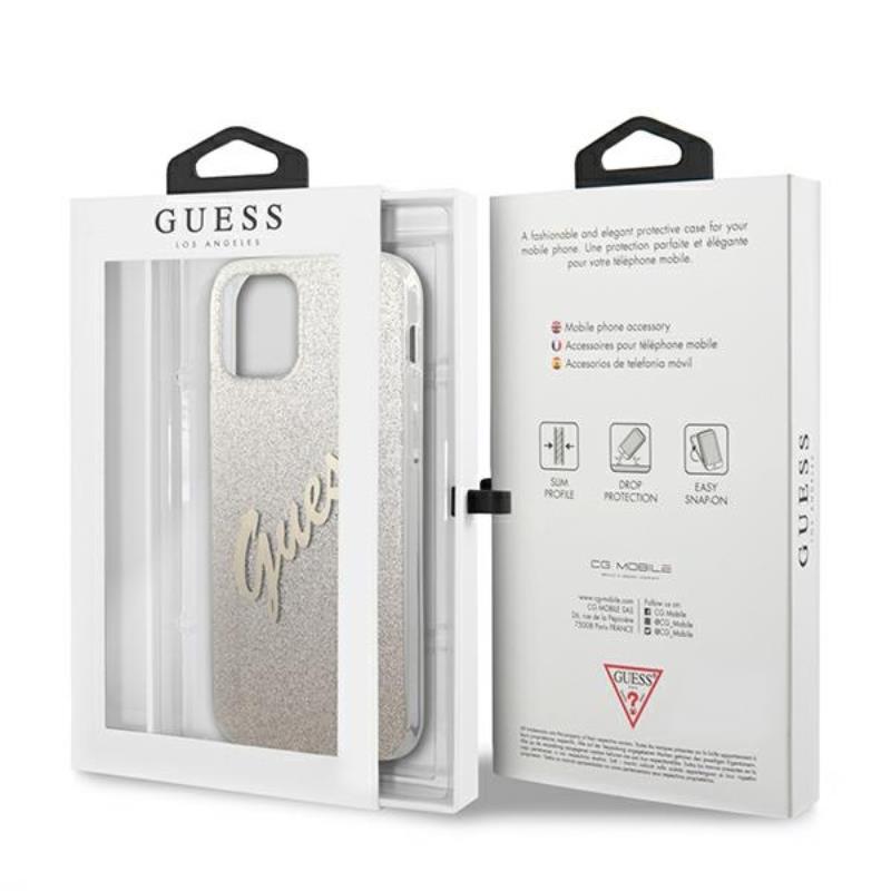 Guess Glitter Gradient Script – dėklas iPhone 12 Pro Max (aukso)