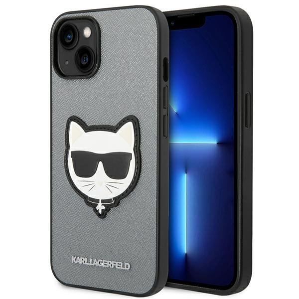 Karl Lagerfeld Saffiano Choupette Head Patch dėklas – dėklas, skirtas iPhone 14 Plus (sidabrinis)