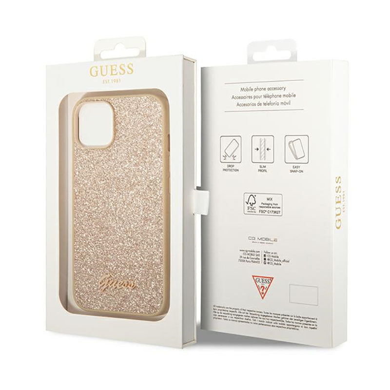 Guess Glitter Flakes Metal Logo dėklas - dėklas, skirtas iPhone 14 (auksinis)