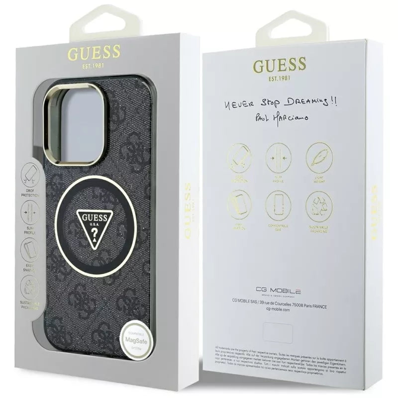 Guess IML Metal Glitter 4G Circle Triangle MagSafe – dėklas, skirtas iPhone 16 Pro Max (juodas)