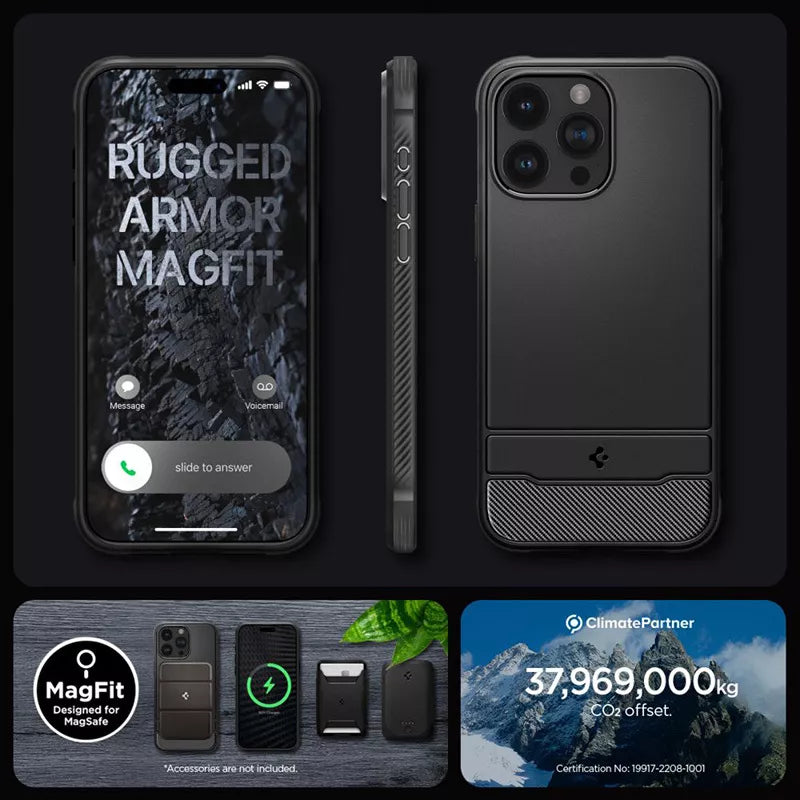Spigen Rugged Armor Mag MagSafe – dėklas, skirtas iPhone 15 Pro Max (matinė juoda)