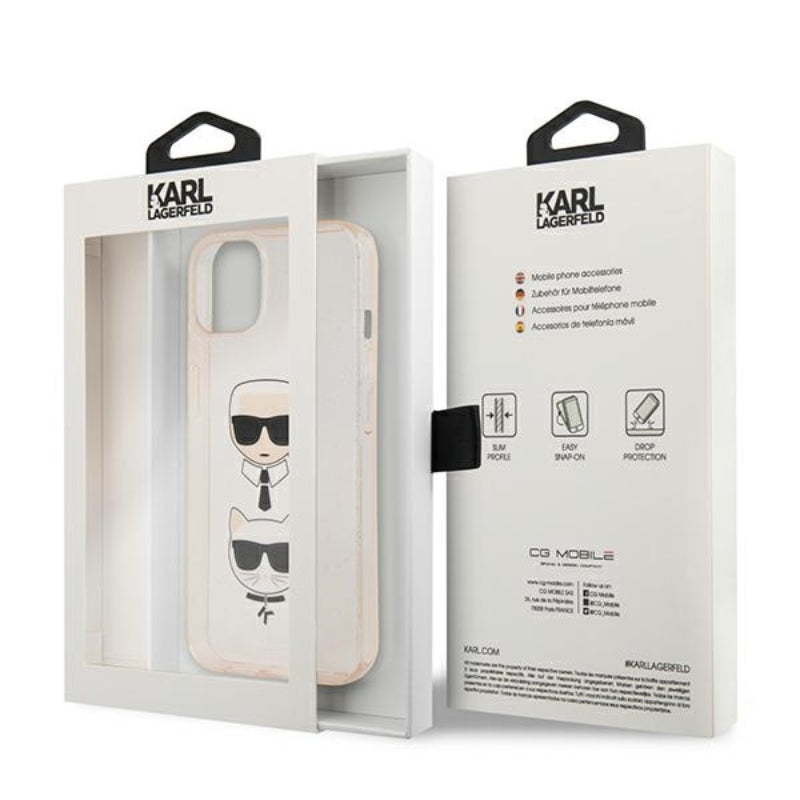 Karl Lagerfeld Glitter Karl & Choupette Head – „iPhone 13 mini“ dėklas (auksinis)