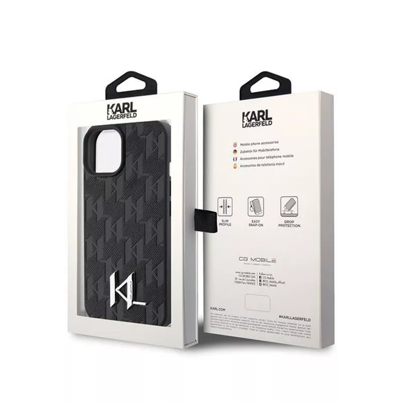 Karl Lagerfeld Odinė Monograma, Karštu Būdu Įspaustas Metalo Logotipas - Dėklas iPhone 15 (juodas)